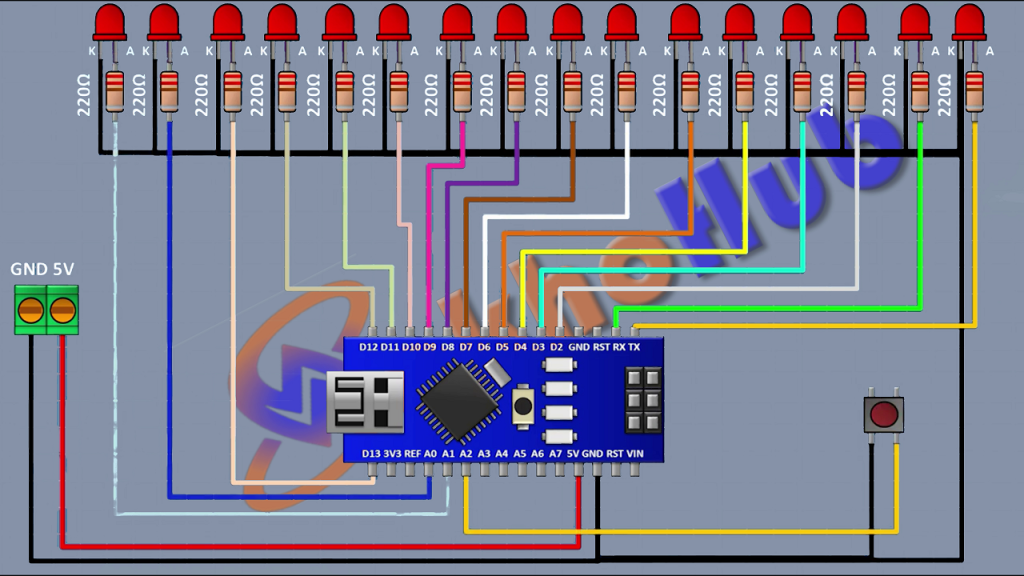 Then connect another push button and connect its one pin to A2 pin of arino and its other pin to ground.