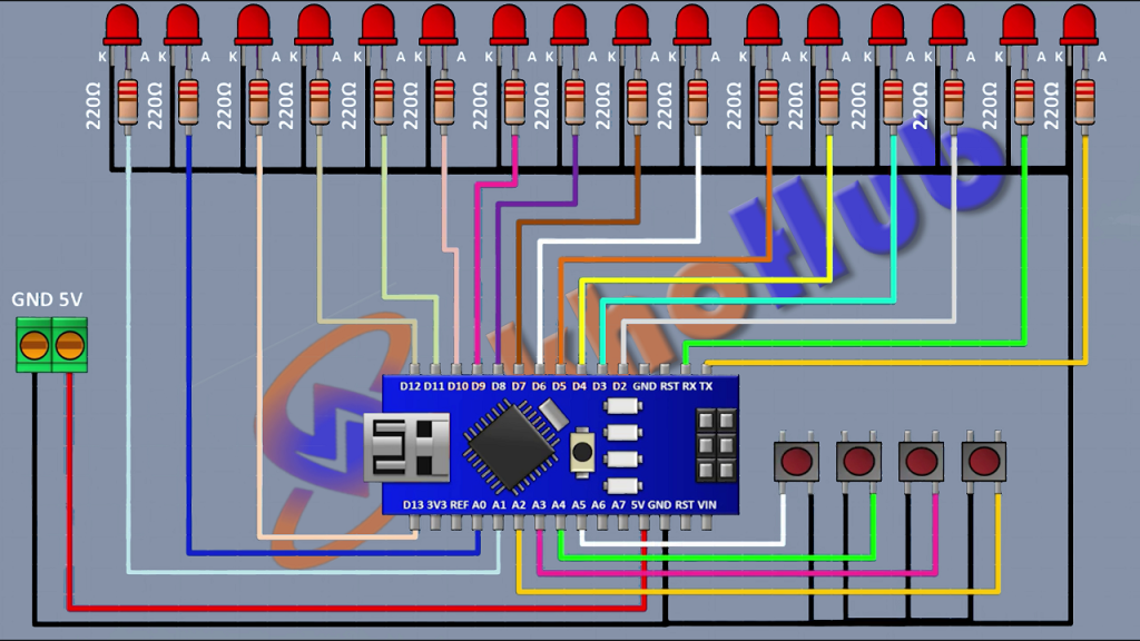 Then connect another push button and connect its one pin to A5 pin of arino and its other pin to ground